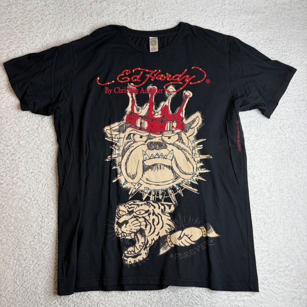 Ed Hardy Christian Audigier Mens XXL Black Bulldog Tiger Rhinestone T-Shirt Y2K